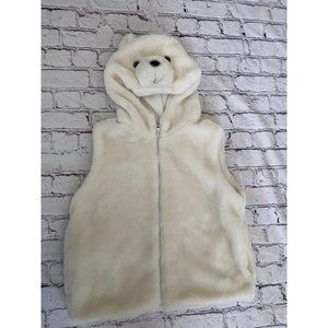 Fleece Polar Bear White Faux‎ Fur White Hooded Vest Size Small Youth Vintage Zip